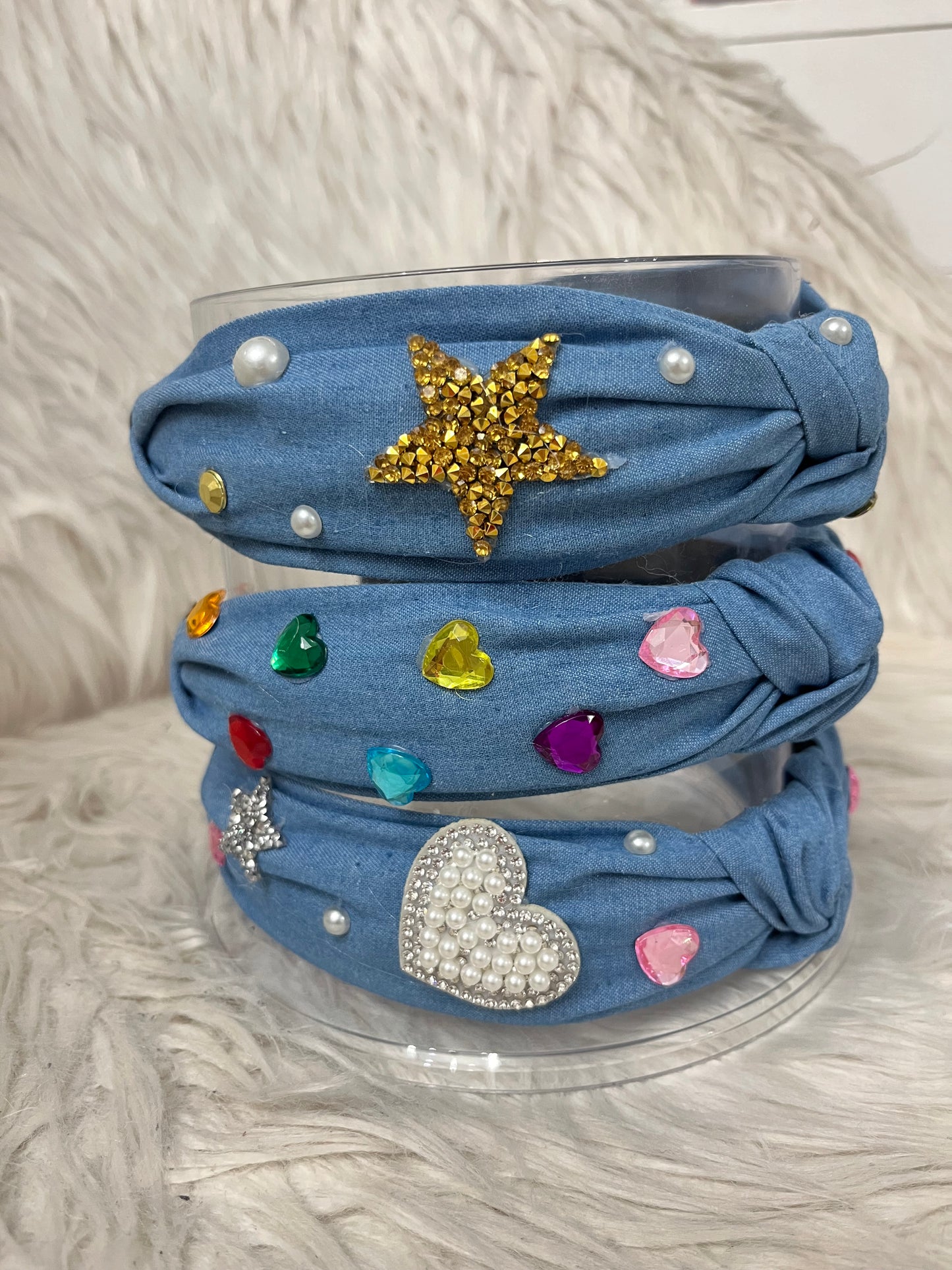Rainbow Heart Denim Headband πβ¨