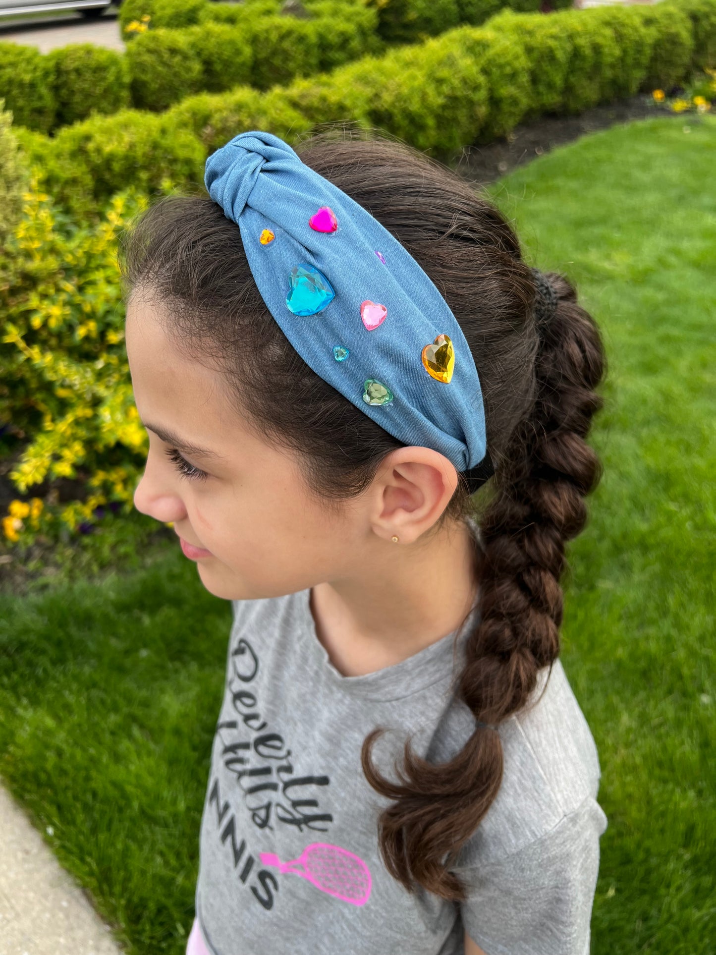 Rainbow Heart Denim Headband πβ¨