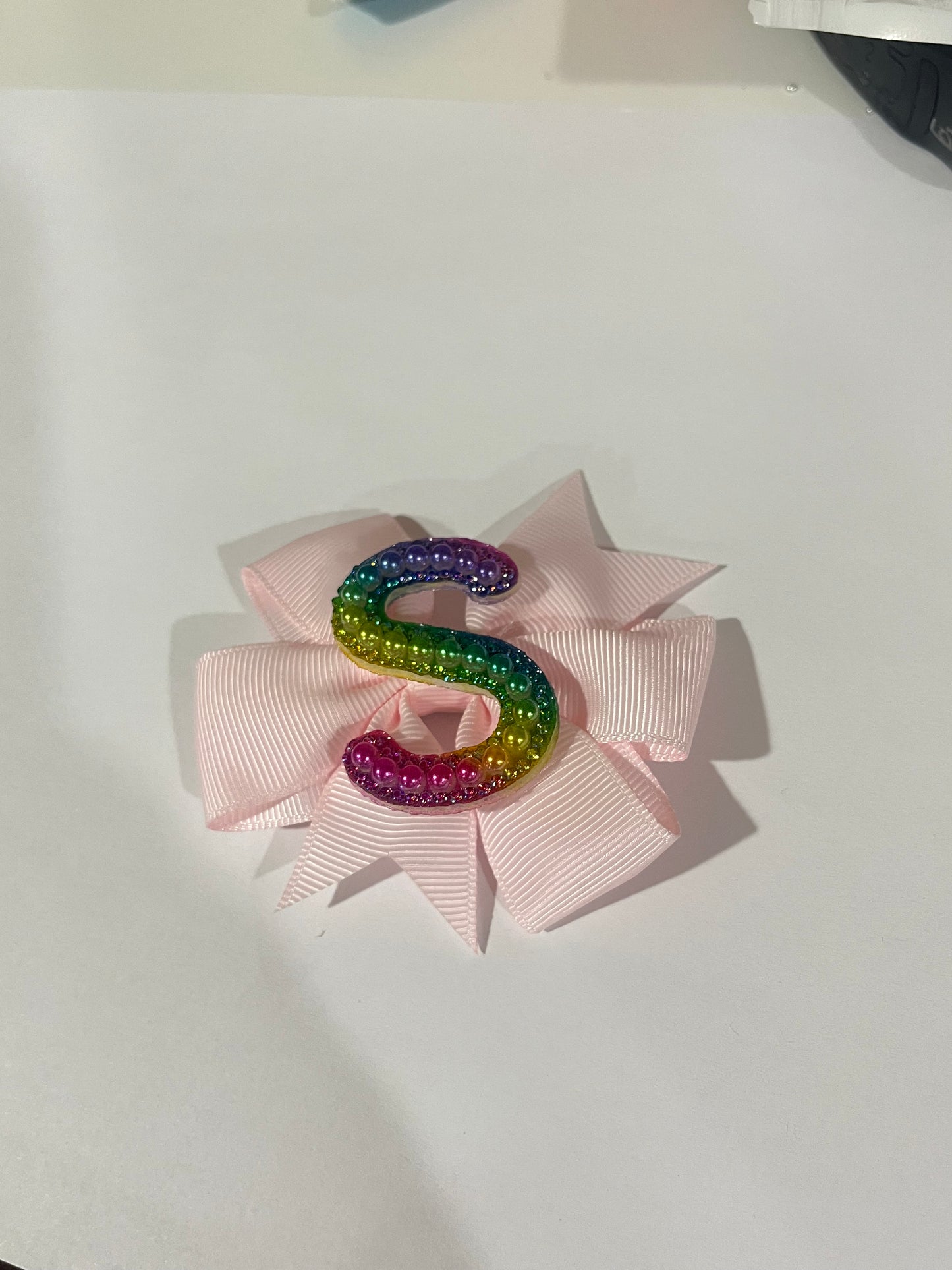 Mini Pearl Initial Bow- LETTER S